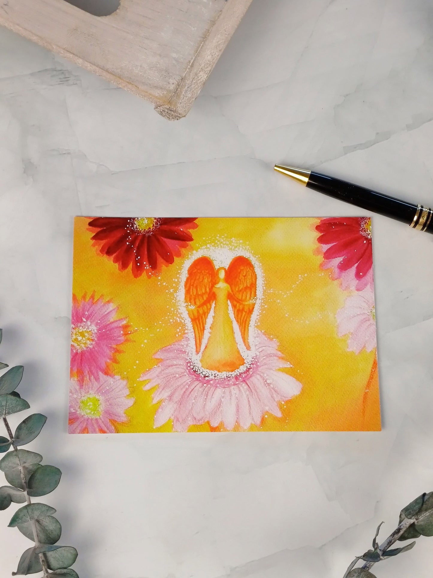 Frühlingsedition - Postkarte "Gerbera Engel Gruß"